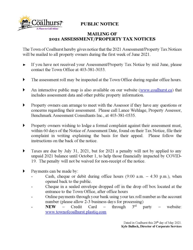 MAILING OF 2021 ASSESSMENT/PROPERTY TAX NOTICES Town of Coalhurst